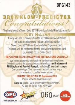 2019 Select Footy Stars - Brownlow Predictors Gold #BPG143 Toby McLean Back